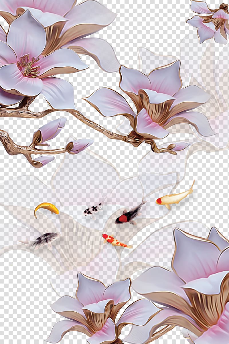 Three-dimensional space Flower Stereoscopy, 3D stereoscopic flower and jade carp, pink Magnolia flowers transparent background PNG clipart