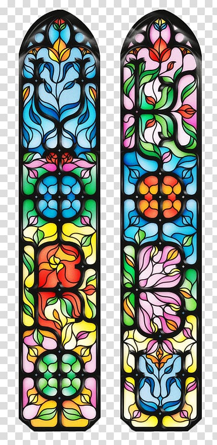 two assorted-color-and-design floral window, Window Stained glass Drawing, European-style stained glass windows pattern transparent background PNG clipart