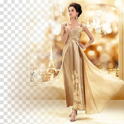 woman wearing gold floral gown standing on left foot, Poster , Taobao model transparent background PNG clipart