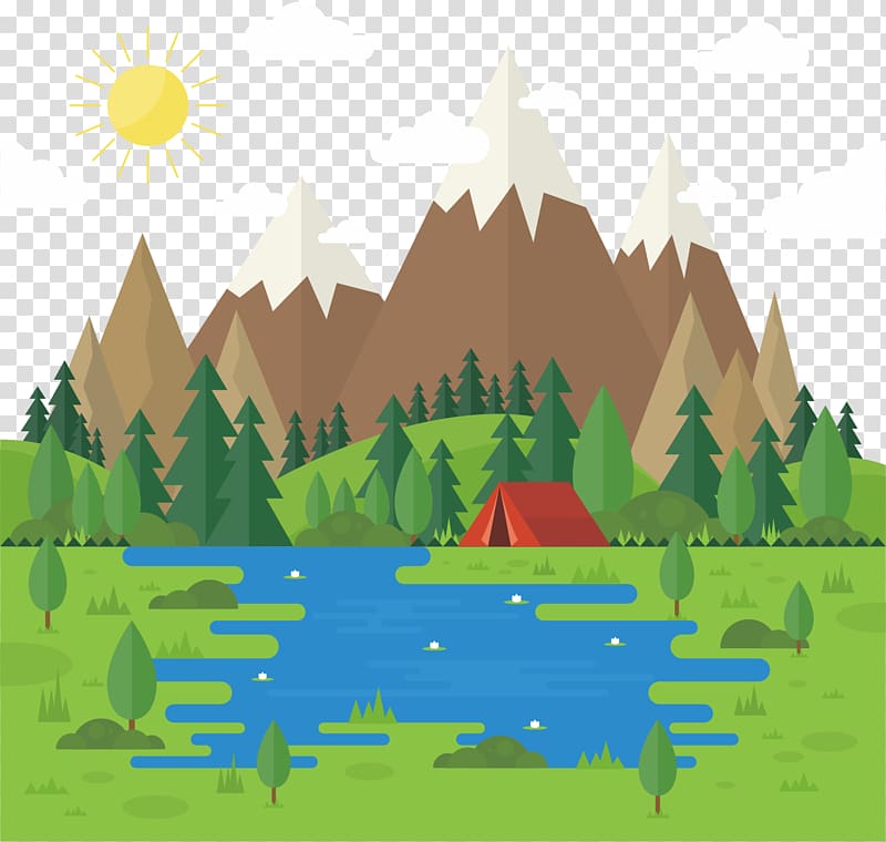 white and brown mountains near body of water illustration01, Flat design Tent Apartment, Forest mountains transparent background PNG clipart