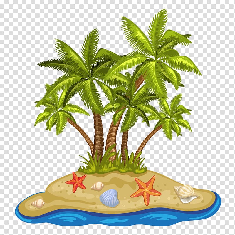 tropical island illustration, Cartoon summer beach coconut tree transparent background PNG clipart