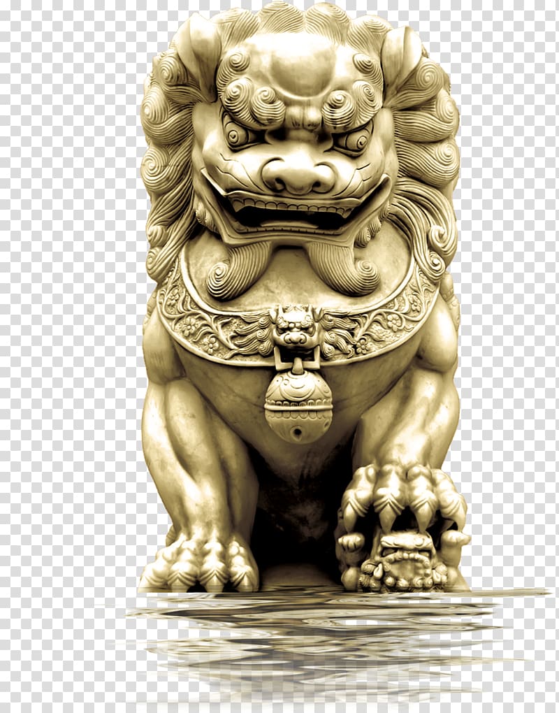 brass-colored foo dog statuette, China Chinese guardian lions Budaya Tionghoa Statue, lion transparent background PNG clipart