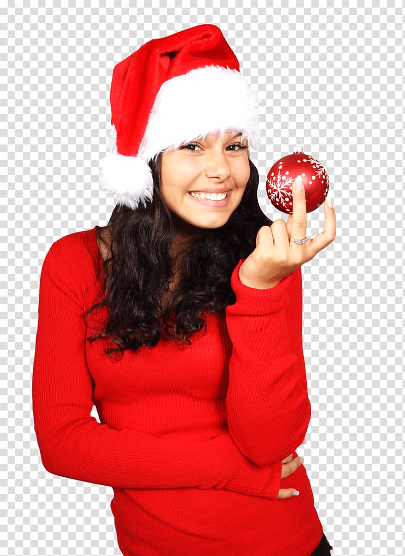 girl standing holding red bauble, Santa Claus Woman Holding Ball transparent background PNG clipart