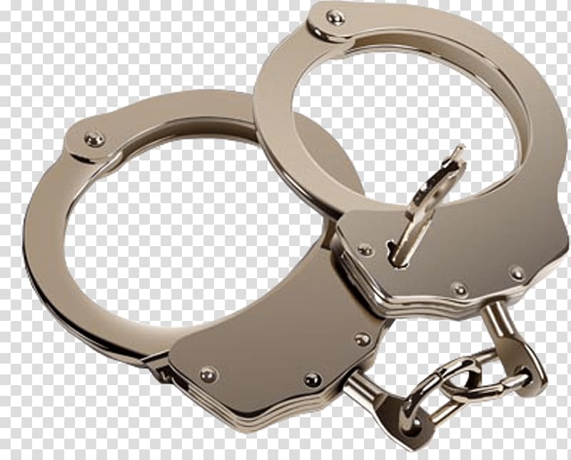 gray stainless steel handcuffs with key, Pair Of Hand Cuffs transparent background PNG clipart