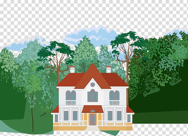 Garden Illustration, Cartoon hand painted villa jungle white clouds transparent background PNG clipart