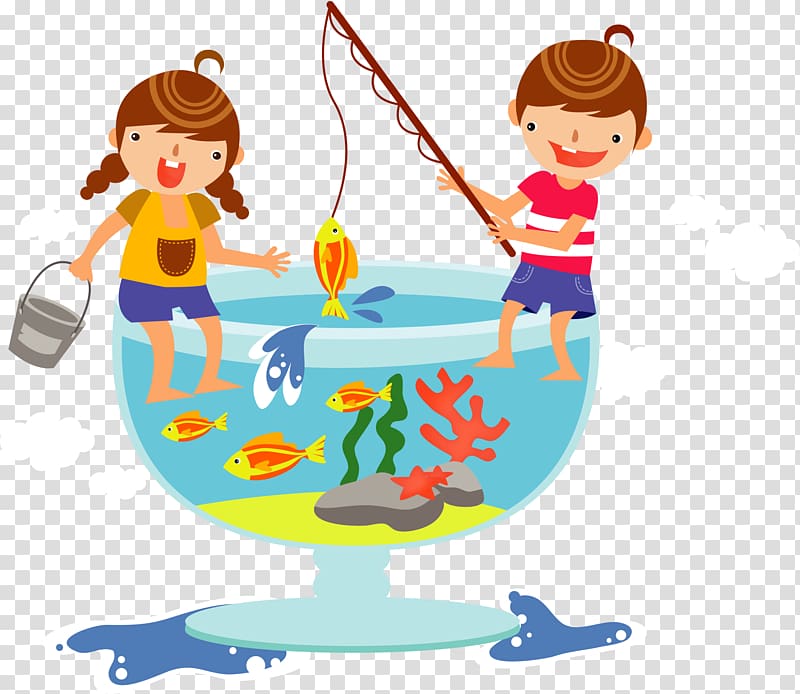 boy and girl fishing illustration, Angling Recreation Cartoon Child Illustration, Kids Fishing tank top transparent background PNG clipart