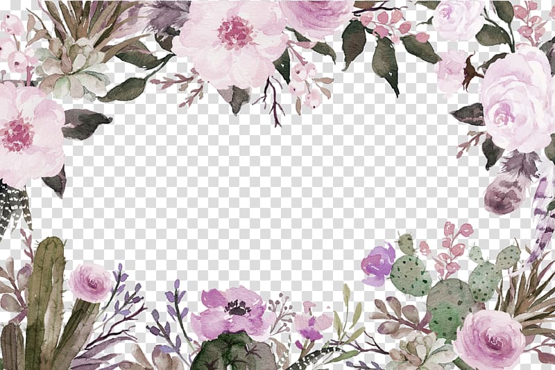 Cut flowers Watercolor painting, Purple fresh flowers border texture, purple and green floral template transparent background PNG clipart