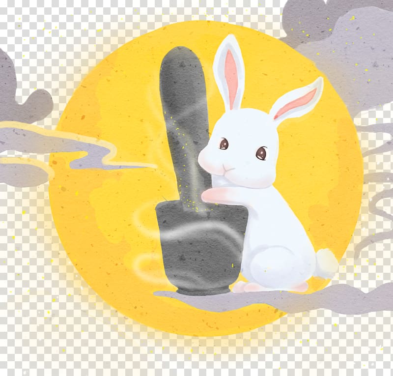 white rabbit hugging gray mortar and pestle , Cartoon Moon rabbit Illustration, Rabbit transparent background PNG clipart