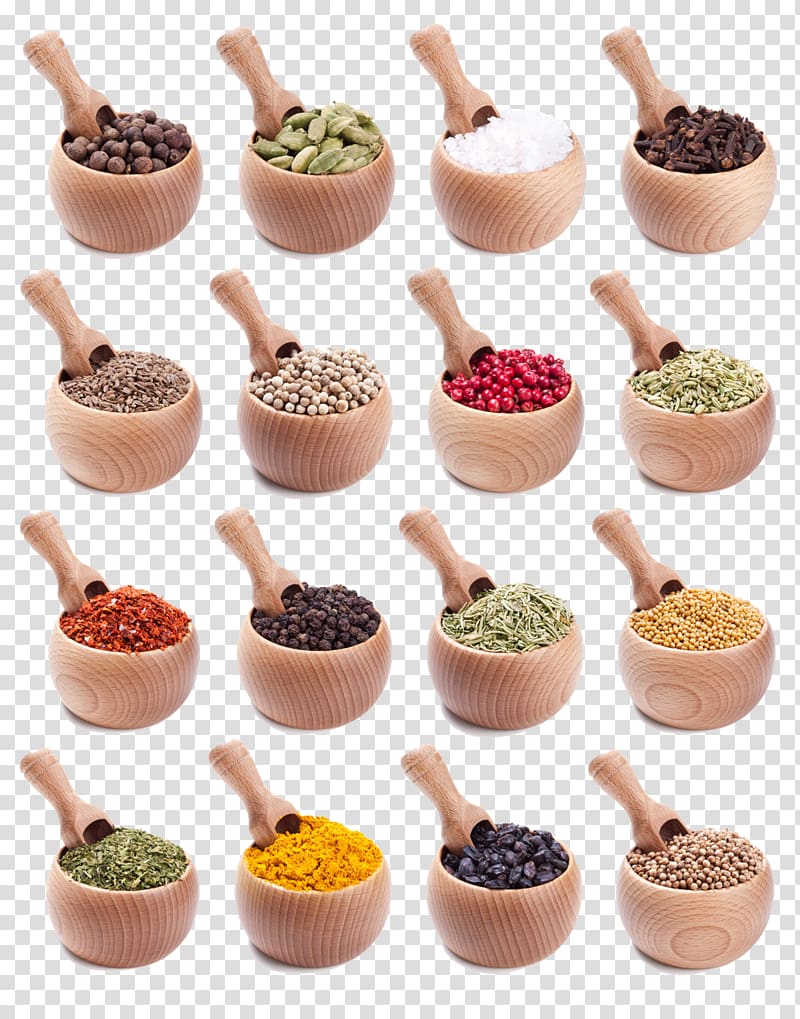 variety of condiments, Spice Condiment Herb Seasoning Black pepper, Wooden bowl of seasoning spices transparent background PNG clipart