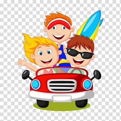 three person riding on car , Cartoon Driving Illustration, Cartoon characters driving a ride of the brothers transparent background PNG clipart