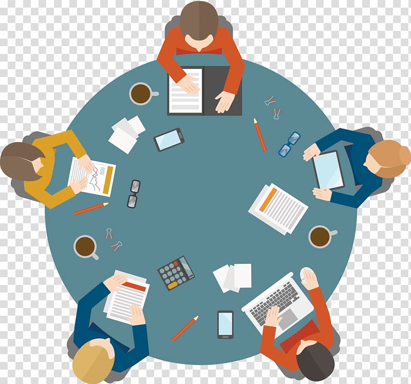 five person sitting beside round table , Round table Meeting, Meeting transparent background PNG clipart