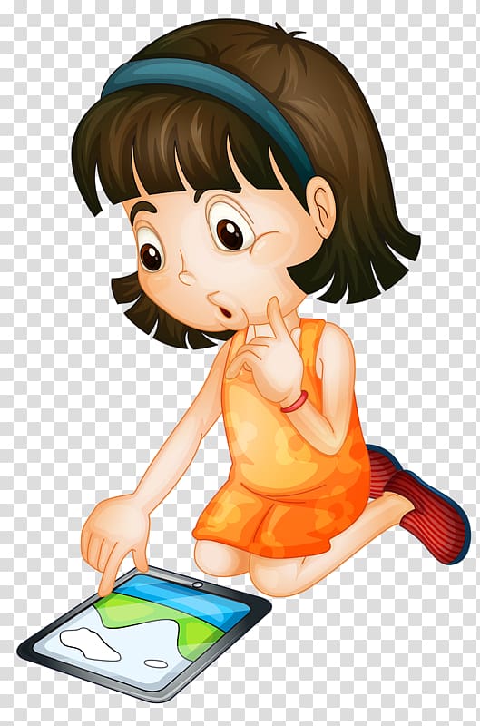girl wearing orange tank dress playing tablet illustration, iPad Cartoon , Little girl playing with tablet transparent background PNG clipart