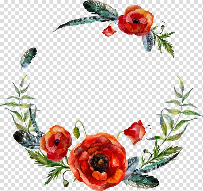 red and green poppies border, Wreath Flower illustration Illustration, watercolor flower leaf decoration transparent background PNG clipart