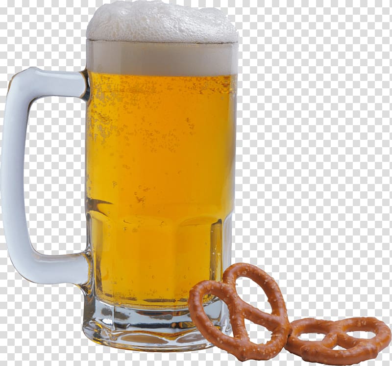 beer in clear glass mug, Pint and Pretzels Beer transparent background PNG clipart