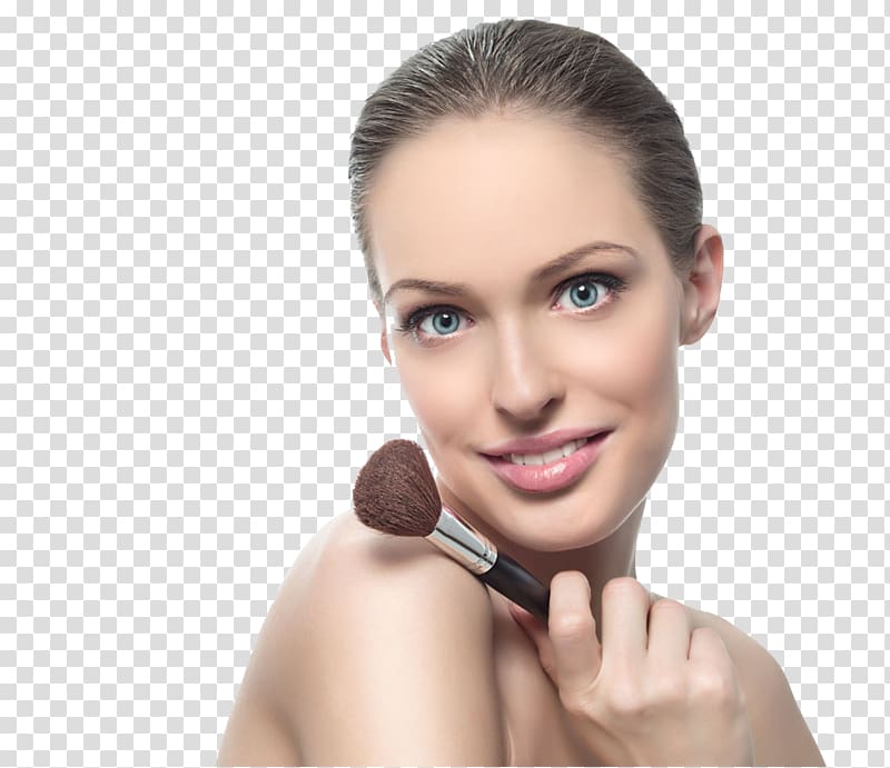 woman holding black and silver makeup bush, Make-up Paintbrush Cosmetics Rouge Face powder, Female model holding makeup brush transparent background PNG clipart