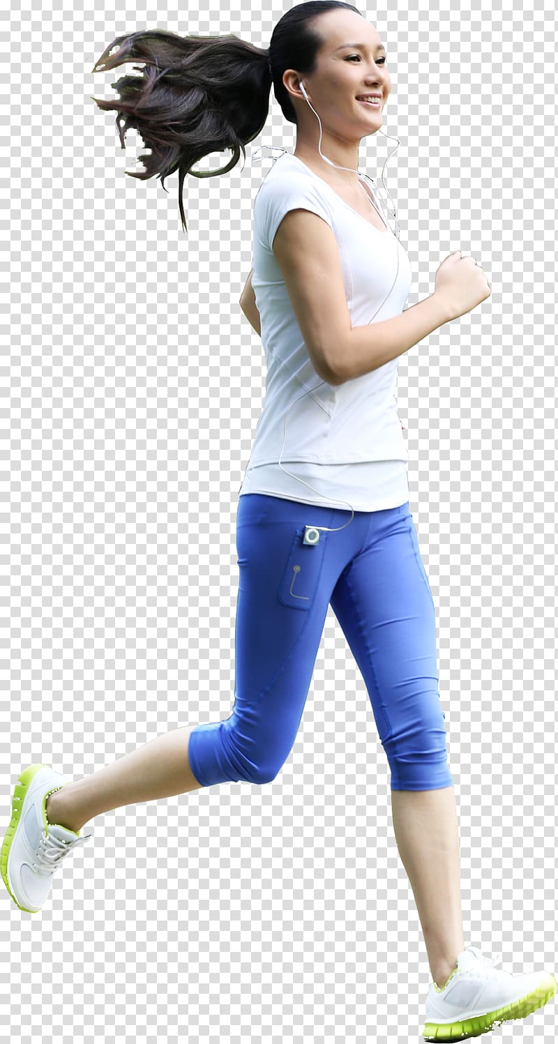 running woman in white scoop-neck cap-sleeved shirt and blue pants outfit, Running, People running transparent background PNG clipart