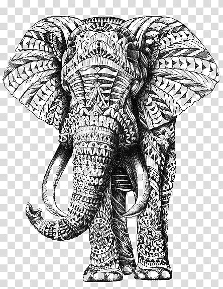 black and white elephant illustration, T-shirt Elephant Wall decal Drawing Tapestry, Elephant transparent background PNG clipart