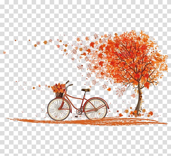 illustration of bicycle near a tree, Bicycle Autumn leaf color Cycling, Autumn maple leaves transparent background PNG clipart