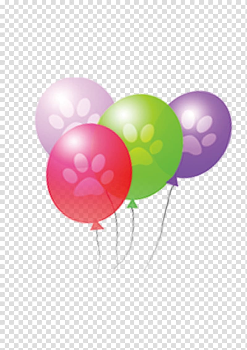 four balloons with paw marks illustration, The Balloon Toy balloon, Multicolored balloons balloon transparent background PNG clipart