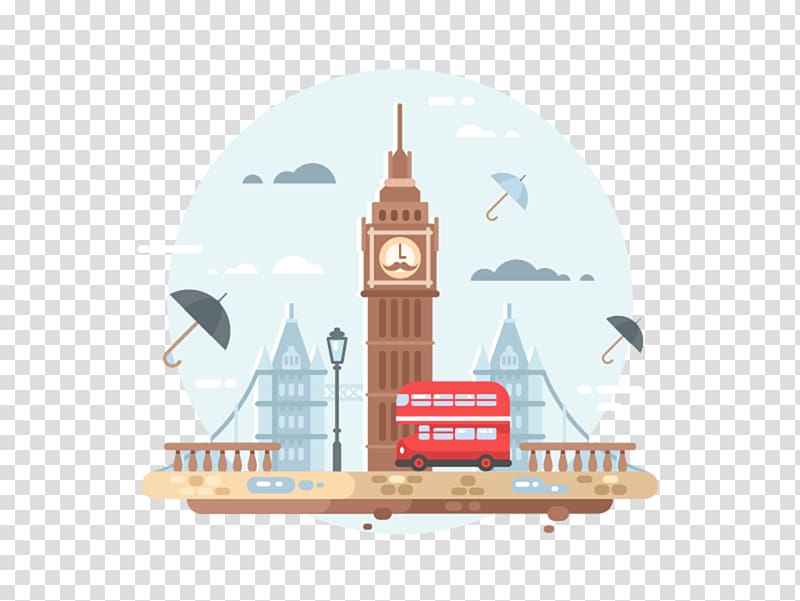 red double deck bus and tower clock , City of London Flat design Illustration, London, Big Ben illustration material transparent background PNG clipart