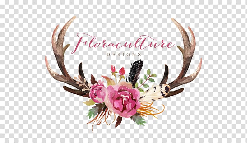 brown antler with pink flowers, Deer Antler Flower Skull , watercolor leaves transparent background PNG clipart