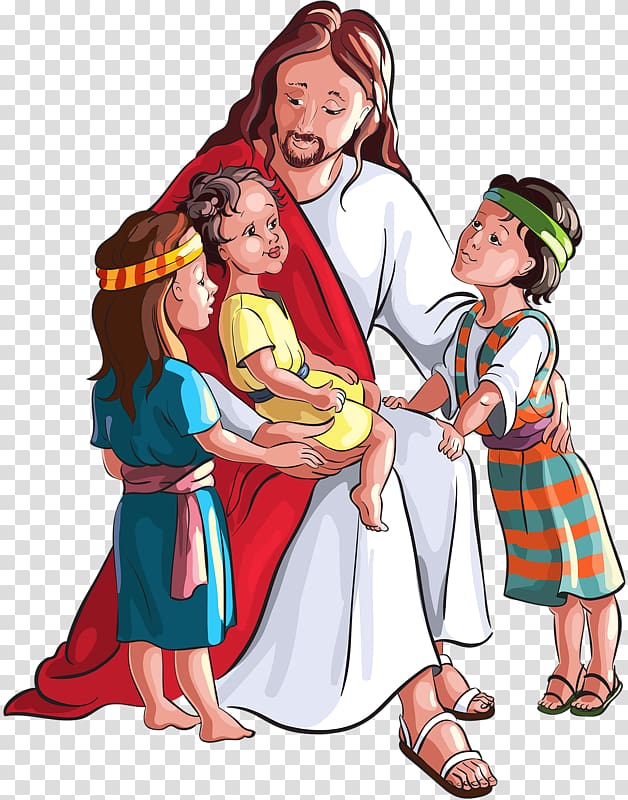 Jesus Christ with three children , Child Bible Depiction of Jesus , Embrace the child Jesus transparent background PNG clipart