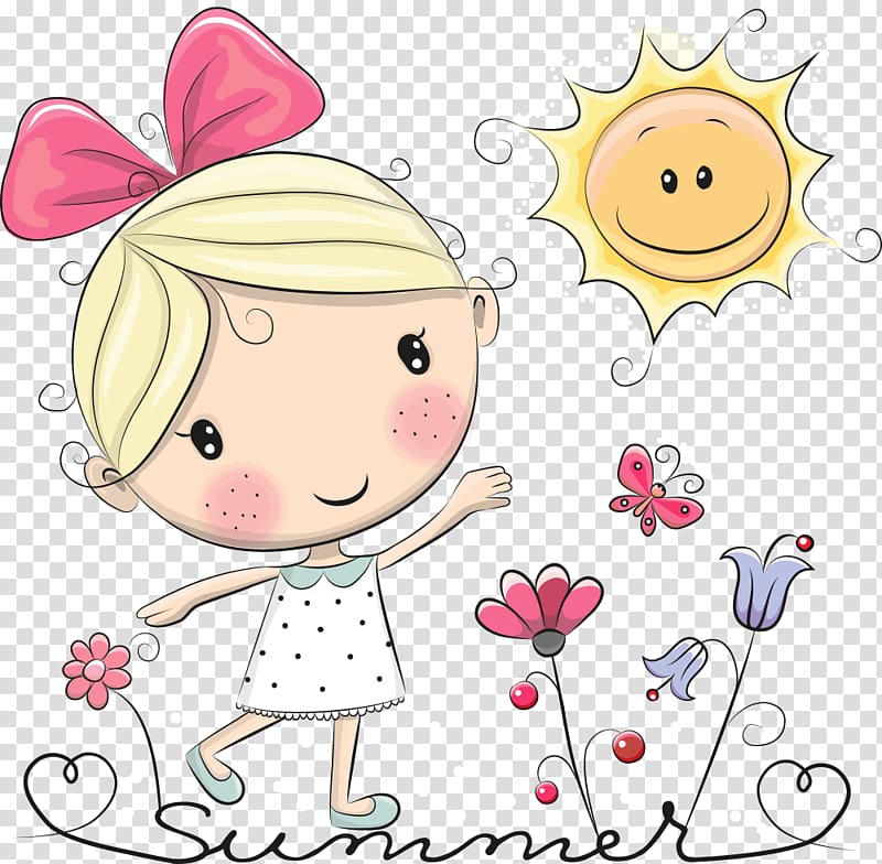 girl walking on flowers with sun summer illustration, Cartoon Illustration, Sun and girl transparent background PNG clipart