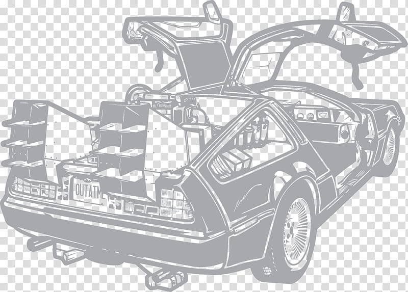 vehicle illustration, Car DeLorean DMC-12 Drawing Back to the Future DeLorean time machine, Futuristic Poster transparent background PNG clipart