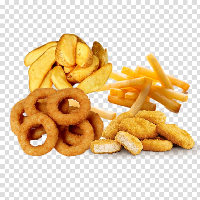 French fries Onion ring Chicken nugget Junk food Deep frying, Menus Pizza transparent background PNG clipart