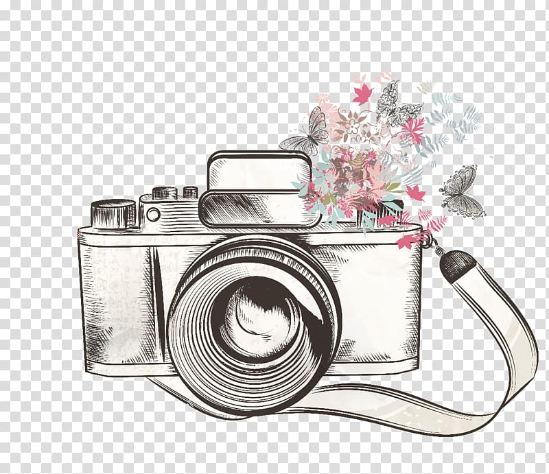 hand-painted flowers adorn camera transparent background PNG clipart