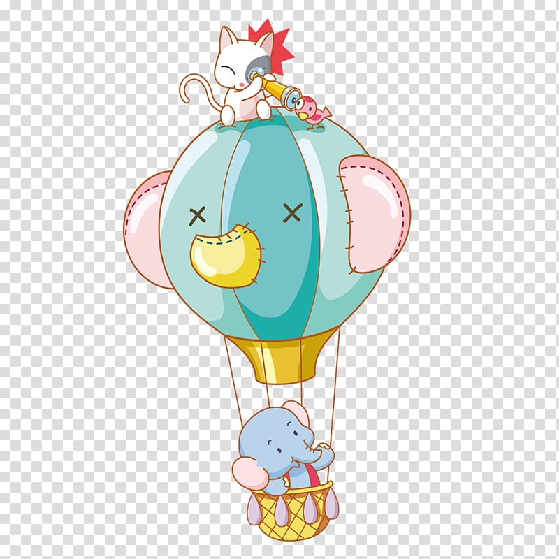 cat and elephant riding hot-air balloon illustration, Cartoon Animal , Elephant Cat Hot Air Balloon transparent background PNG clipart