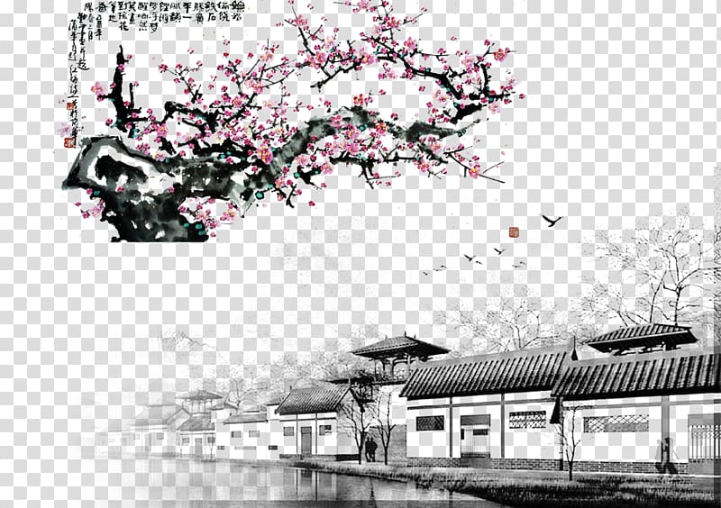 Plum blossom Ink wash painting, Beautiful ancient customs and orderly construction of Jiangnan Water Town transparent background PNG clipart