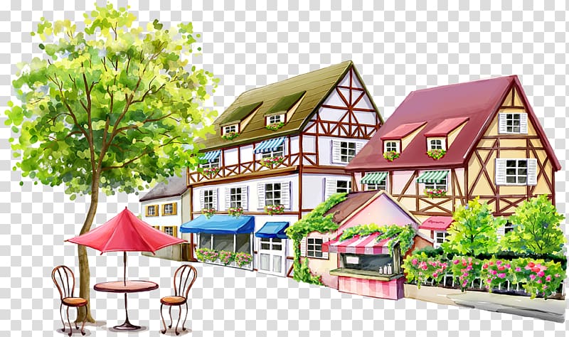 assorted-color houses , Cartoon Chair Illustration, Housing and red umbrella transparent background PNG clipart