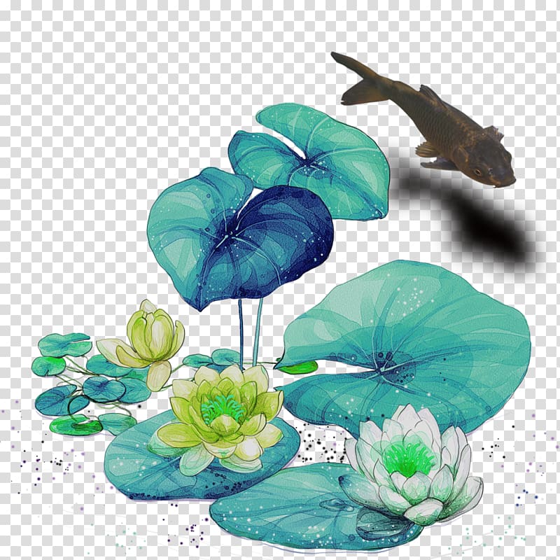 brown carp fish swimming by the flowering lotus pad painting, Butterfly Nelumbo nucifera Cartoon Water lilies, Cartoon hand-painted flowers transparent background PNG clipart