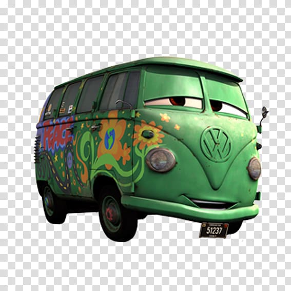 Disney Pixar Cars Fillmore art, The Fillmore Sally Carrera Volkswagen Type 2, Green graffiti cartoon car transparent background PNG clipart
