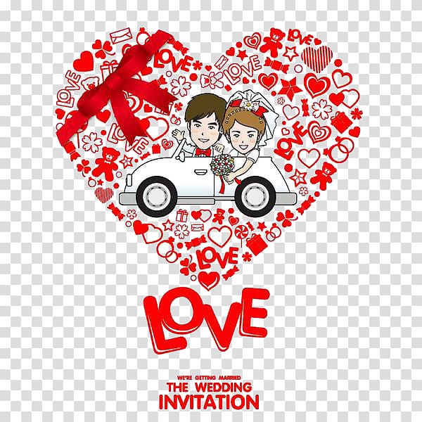 Wedding invitation Illustration, The groom drives the car to pick up the bride transparent background PNG clipart