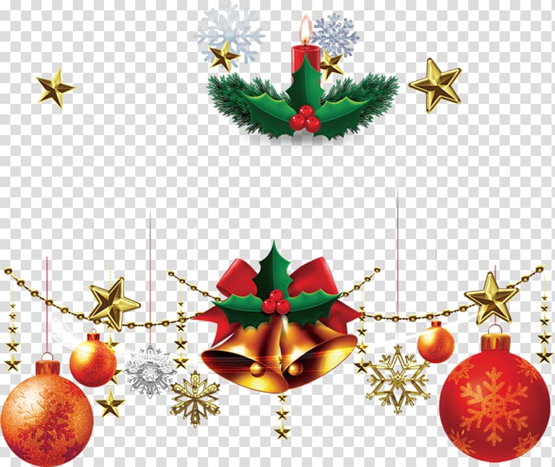 Christmas decoration, Bell hanging on colorful balloons single candle pattern transparent background PNG clipart