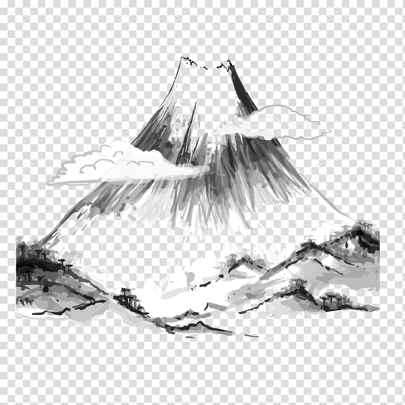 gray and white mountain illustration, Japanese art Ink wash painting Japanese painting, Wash mountain transparent background PNG clipart