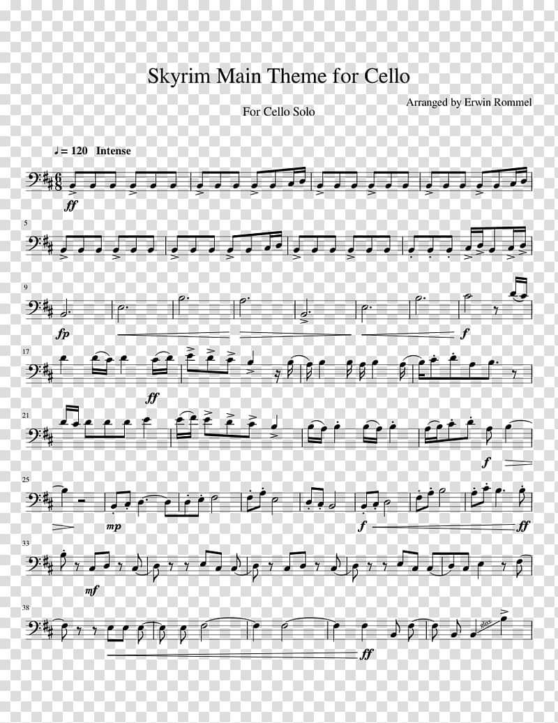 Sheet Music The Elder Scrolls V: Skyrim – Dragonborn Cello Double bass, Erwin Rommel transparent background PNG clipart