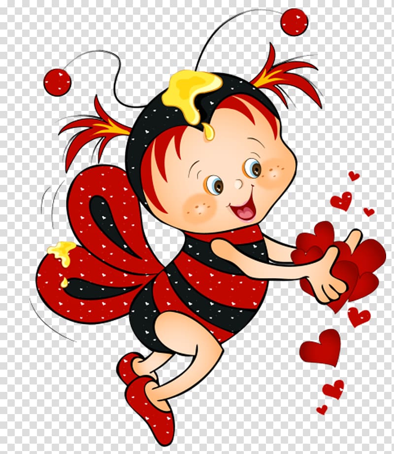 Honey bee Bumblebee , Valentine Red Bee with Hearts , girl as bee holding heart illustration transparent background PNG clipart