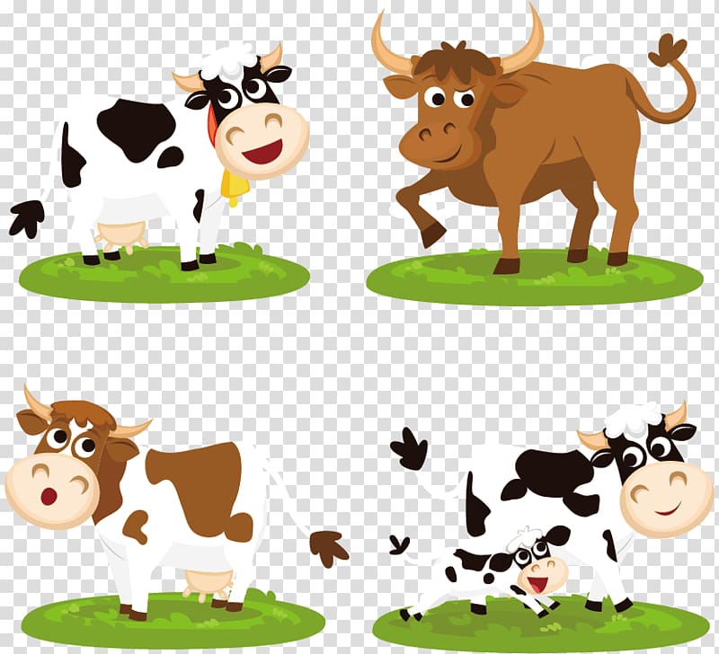 four assorted-color cows illustration, Beef cattle Cartoon , Cartoon cow transparent background PNG clipart