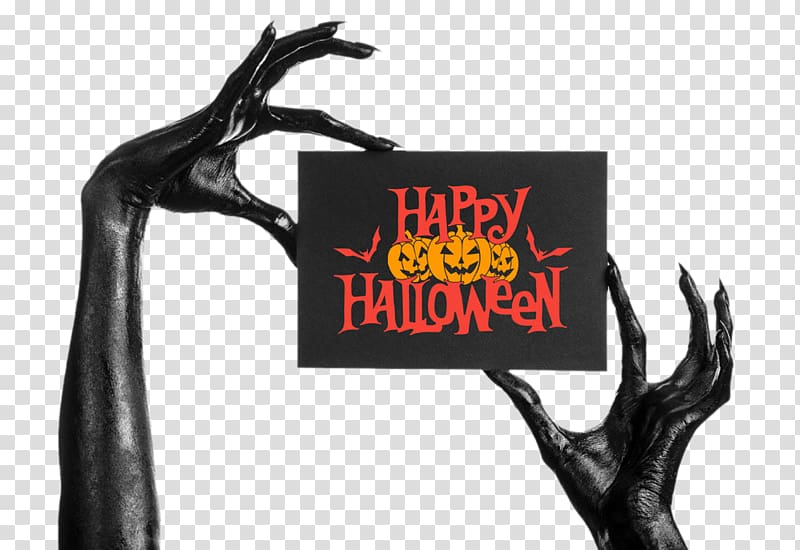 Halloween card Christmas card, Black hand holding a Christmas card transparent background PNG clipart