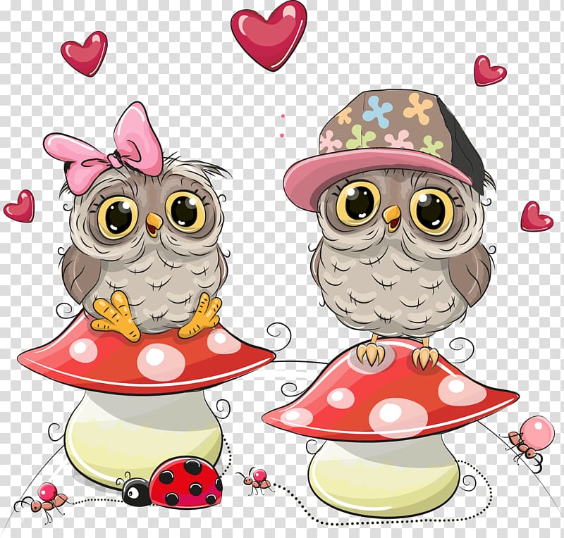 two gray owlets on red and white mushrooms illustration, Little Owl Drawing Illustration, Owl mushrooms on transparent background PNG clipart