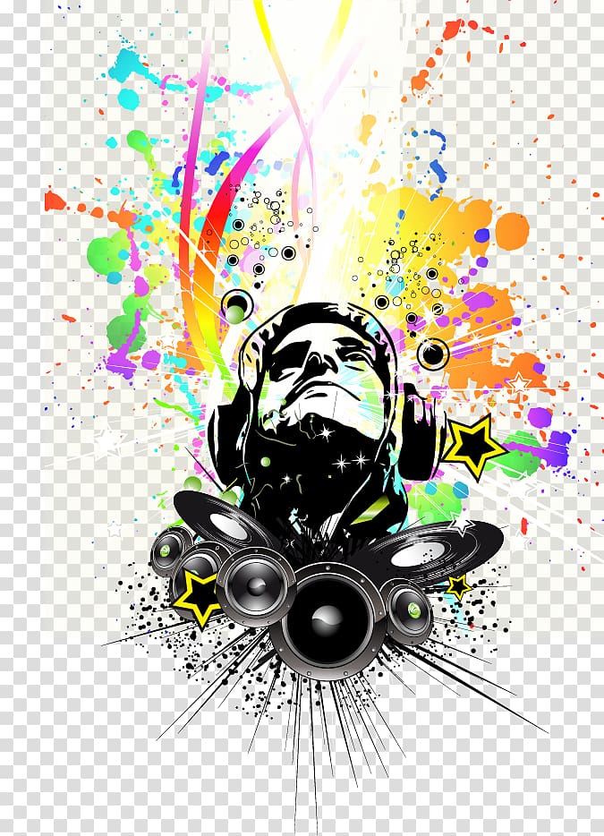 silhouette of man wearing headphones illustration, Disc jockey Nightclub Music Poster, Cool dizzy personalized music poster material transparent background PNG clipart