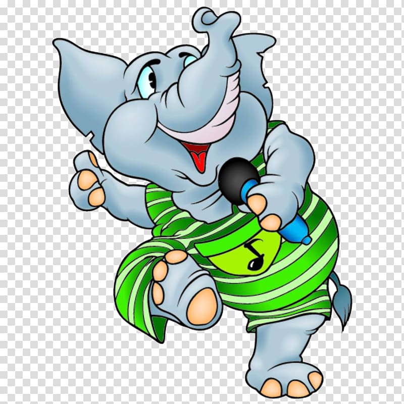 Microphone Cartoon Illustration, An elephant singing with a microphone transparent background PNG clipart