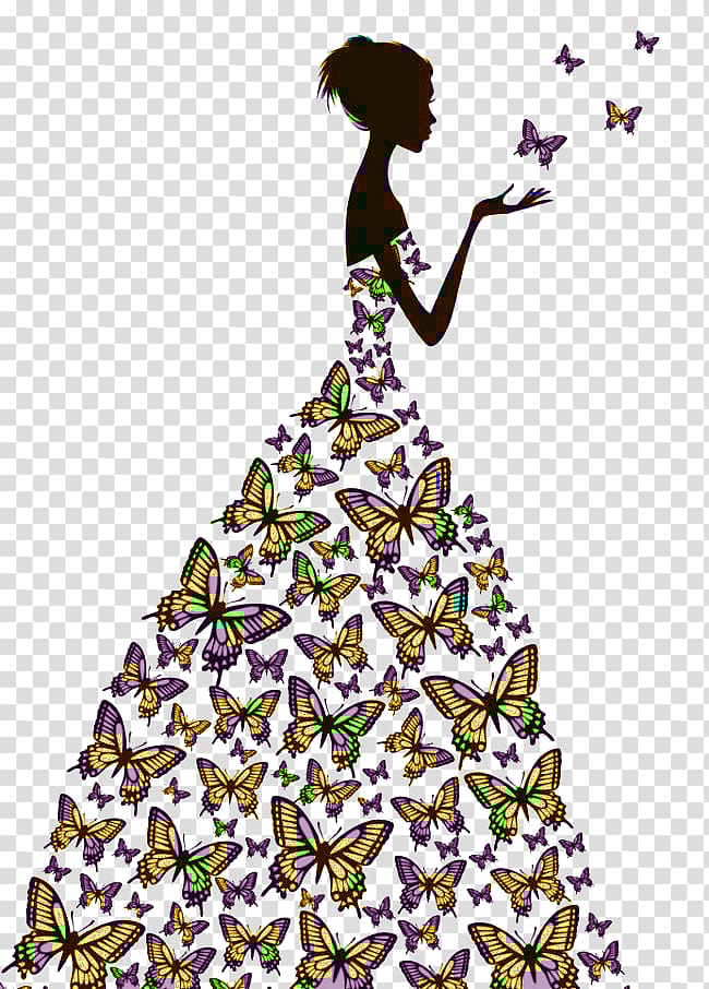 woman in brown-and-purple butterfly dress illustration, Butterfly , bride transparent background PNG clipart