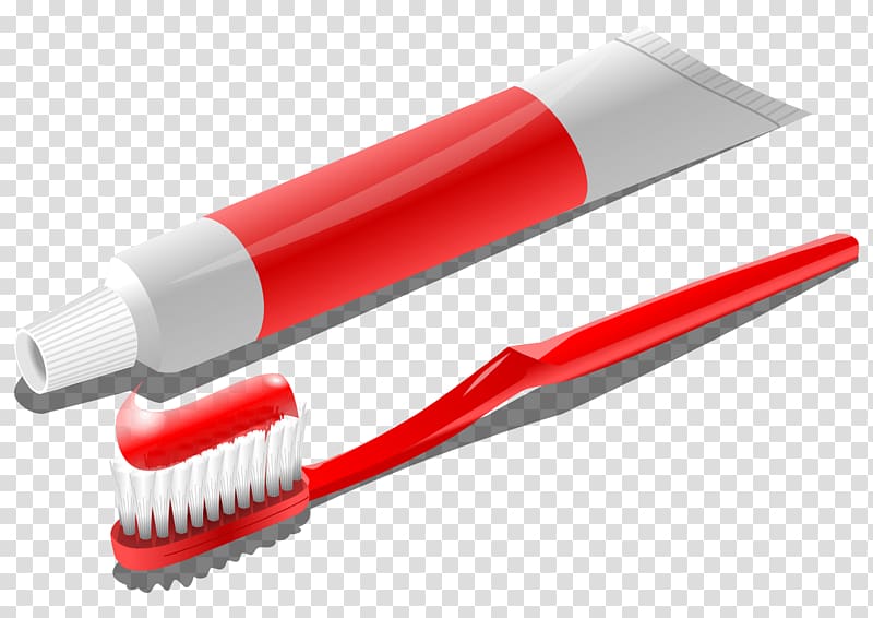red toothbrush with red toothpaste illustration, Toothbrush transparent background PNG clipart
