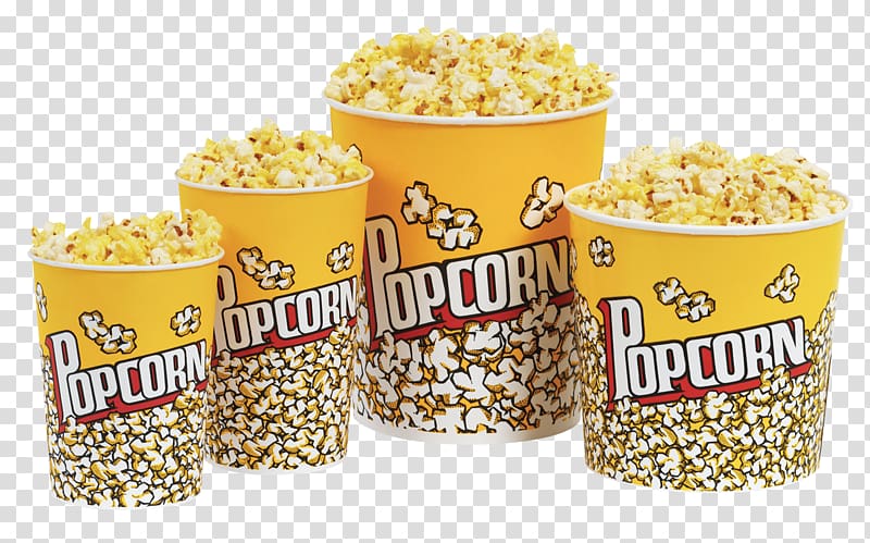 four Popcorn buckets, Popcorn Soft drink Cinema Butter Food, Popcorn transparent background PNG clipart