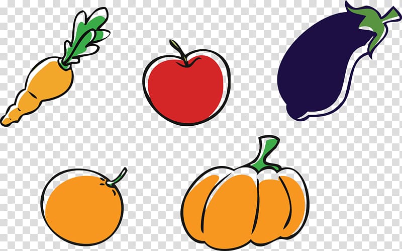 Apple Pumpkin Vegetable , Cartoon eggplant fruits and vegetables carrots apples oranges transparent background PNG clipart