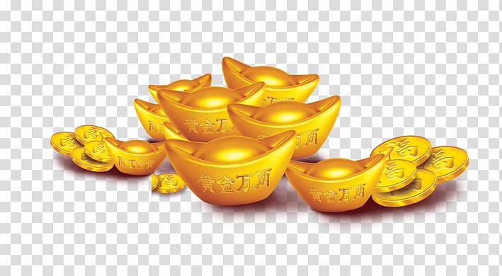 gold-colored coins art, u5143u5b9d Chinese New Year Gold bar, Gold coins transparent background PNG clipart
